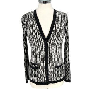 Margaret OLeary Chevron Black White V-Neck Button Cardigan Sweater Size Medium